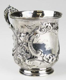 Appraisal: Hand chased sterling silver presentation mug with elaborate floral and