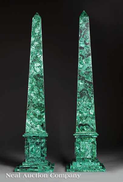 Appraisal: A Decorative Pair of Large Malachite Obelisks on tall plinth