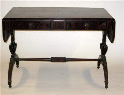 Appraisal: Regency style rosewood and burl walnut sofa tableThe quarter veneered