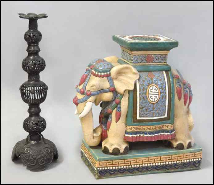 Appraisal: CERAMIC ELEPHANT GARDEN SEAT Together with a metal candle pricket