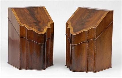 Appraisal: PAIR OF GEORGE III INLAID MAHOGANY CUTLERY BOXES Each sloping