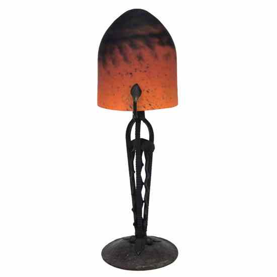 Appraisal: A French Art Nouveau Glass and Iron Table Lamp Muller