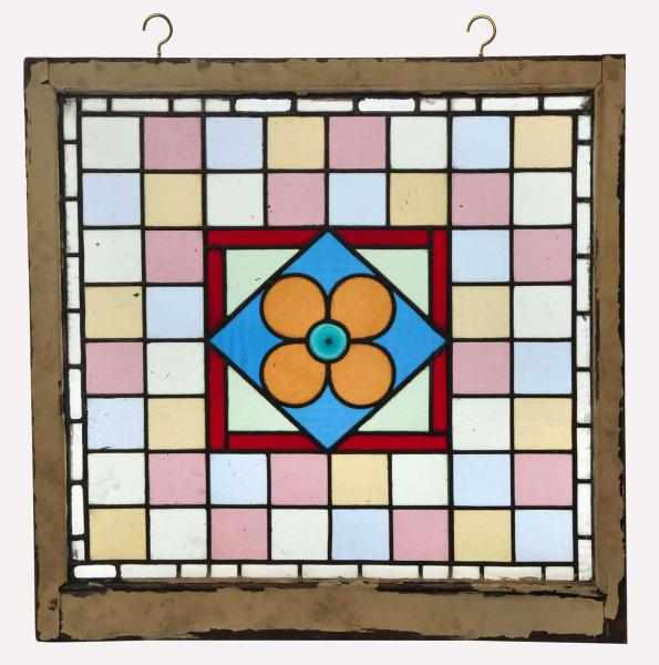 Appraisal: Stained Glass Window with Wooden Frame Description Circa No fractures