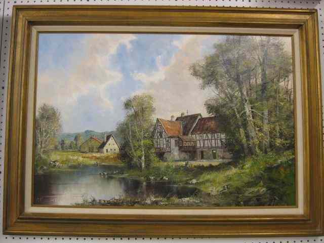 Appraisal: European Oil landscape with houses along a pond image area