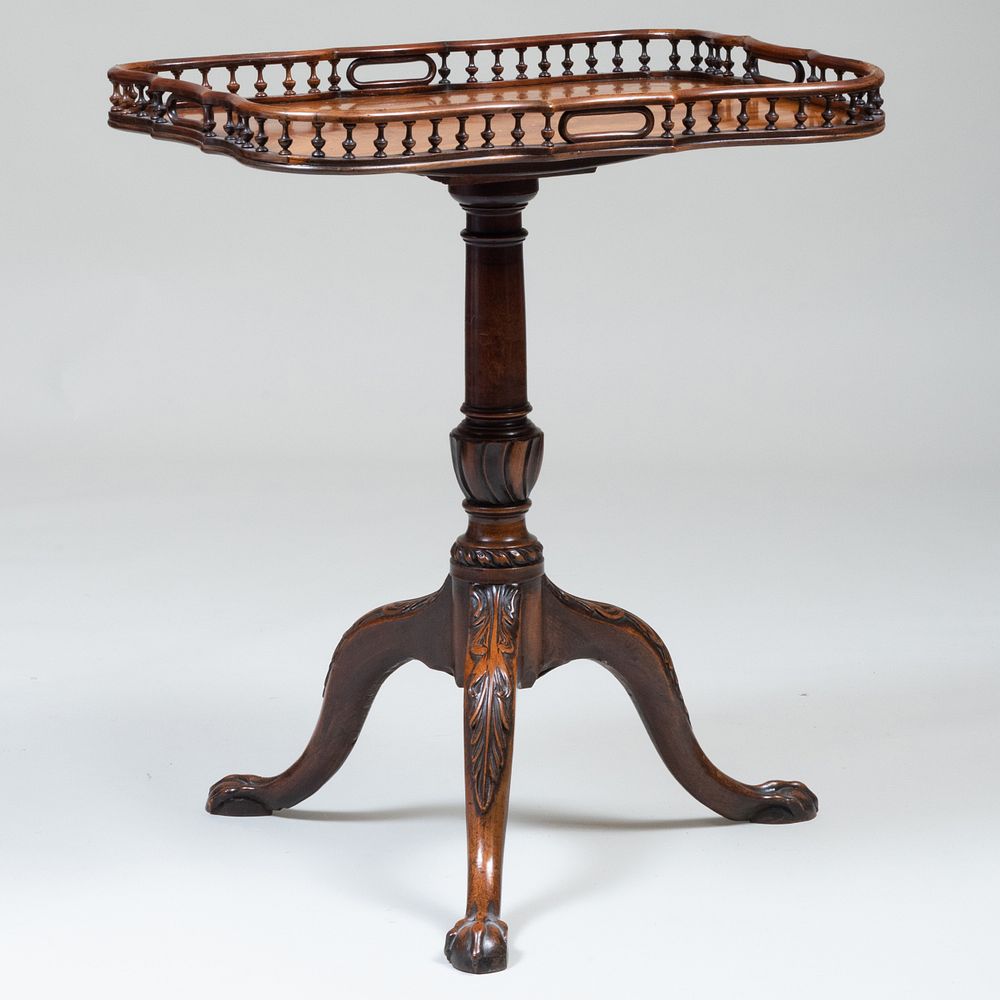 Appraisal: Fine George III Brass-Inlaid and Carved Mahogany Tripod Table x