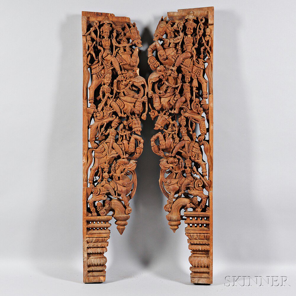 Appraisal: Pair of Carved Wood Doorframe Brackets India the wood with