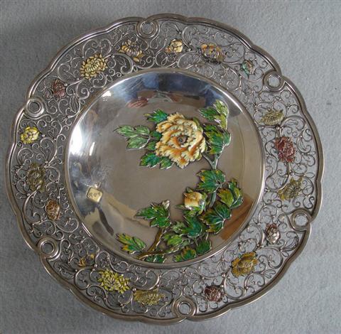 Appraisal: Japanese silver mixed metal dessert compote broad applied filigree border