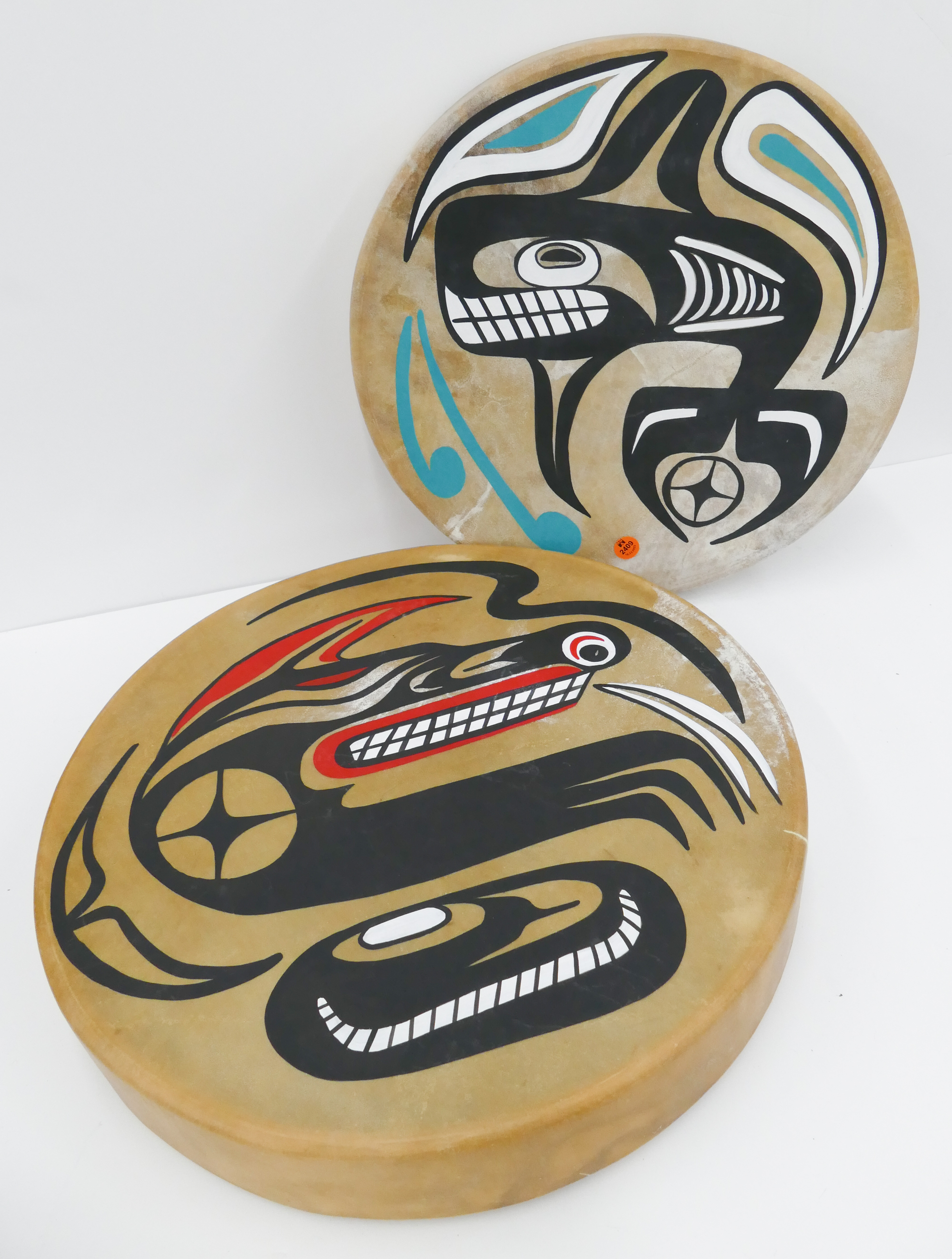 Appraisal: pc Erline Noel Northwest Coast Painted Drums- '' and ''