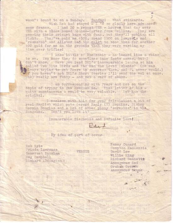 Appraisal: ALDINGTON RICHARD Typed Letter Signed Richard to My dear old