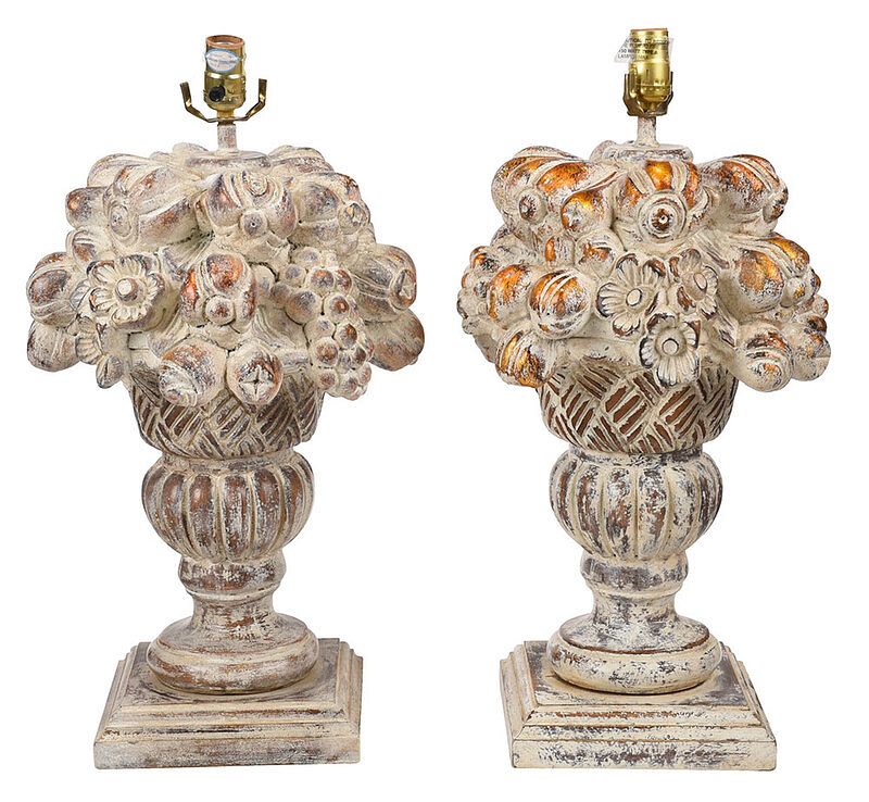 Appraisal: Pair of Carved and Painted Urn Form Table Lamps Continental