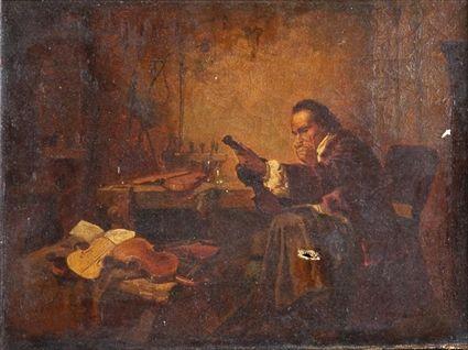 Appraisal: European School The Violin Maker Oil on Canvas