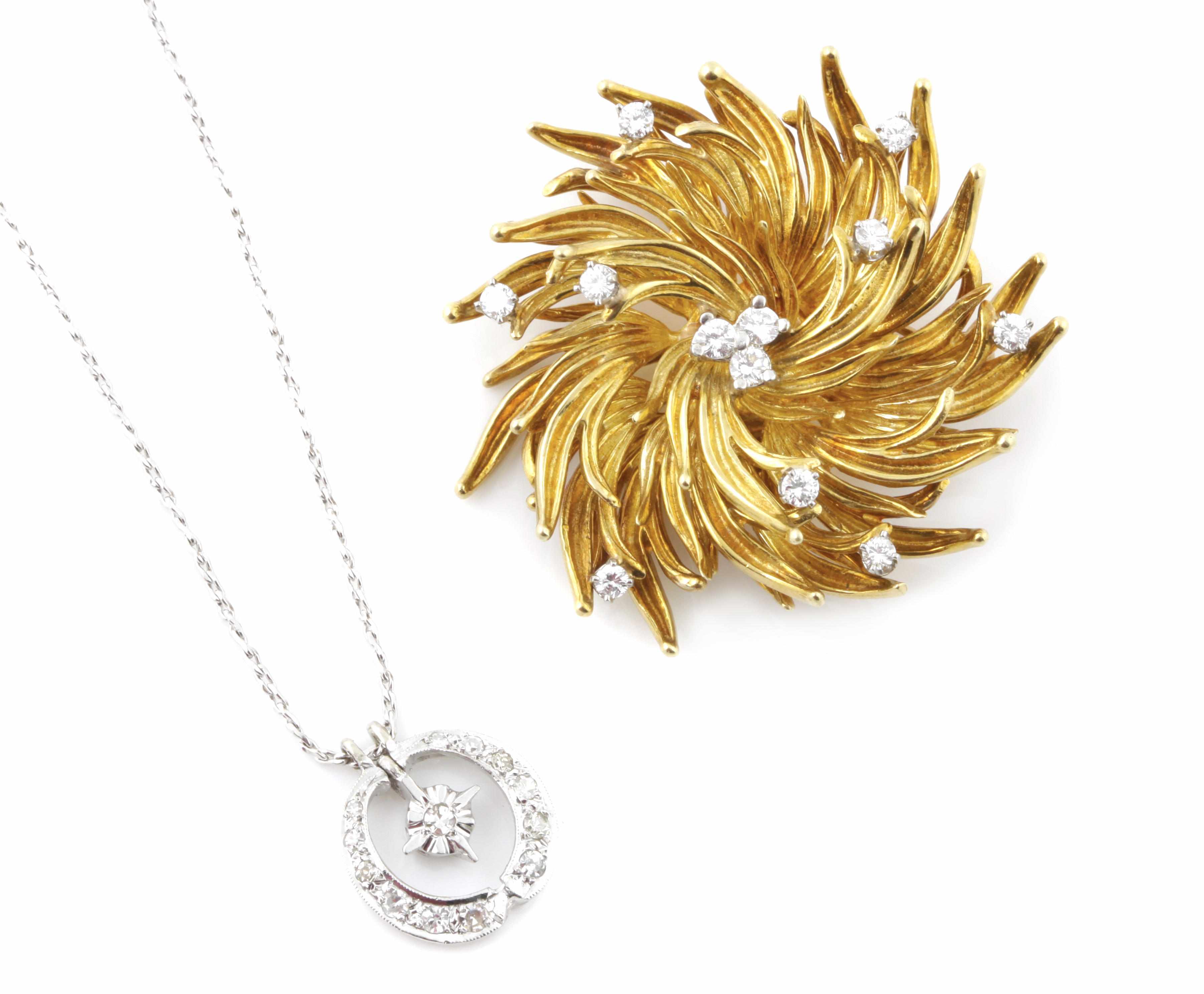 Appraisal: A diamond and bicolor gold flower brooch together with a