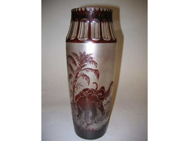 Appraisal: MOSER KARLSBAD Cylindrical vase with carved red overlay cameo decoration