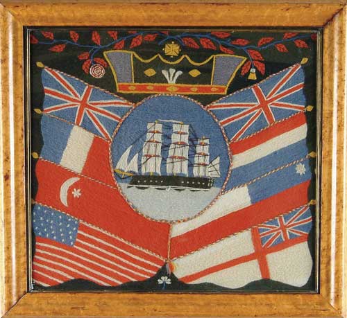 Appraisal: ENGLISH WOOLWORK SHIP AND FLAG PICTURE Central oval has black