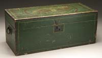 Appraisal: EARLY DECORATED GREEN STORAGE CHEST Rectangular storage chest with iron