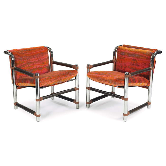 Appraisal: s lounge chairs pair polished chromed steel frames dark-stained bamboo