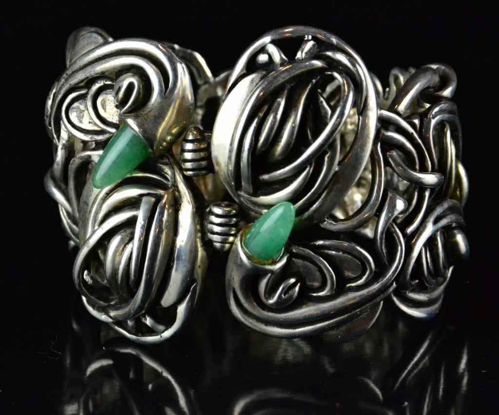 Appraisal: Art Nouveau Style Cuff Bracelet of Jade SterlingClasp style cuff