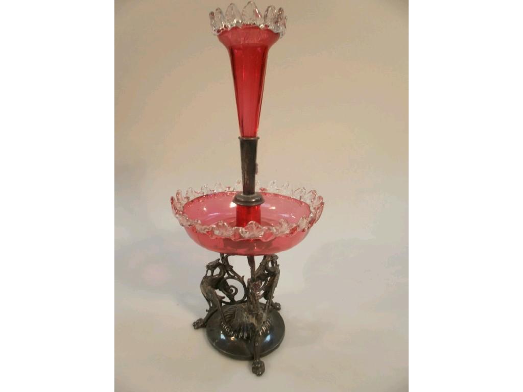 Appraisal: A Victorian epergne with single trumpet shaped Cranberry glass vase