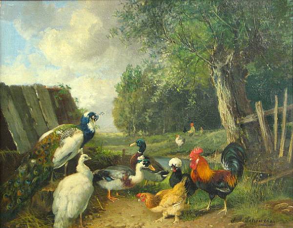 Appraisal: Julius Scheuerer German - Peacocks ducks and chickens near a