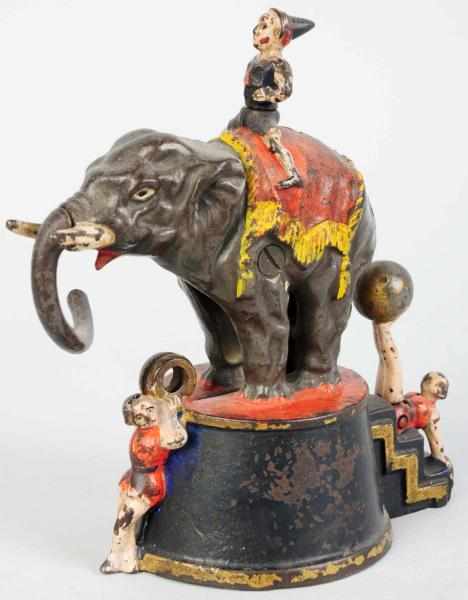 Appraisal: Cast Iron Elephant Clowns Mechanical Bank Manufactured by J E