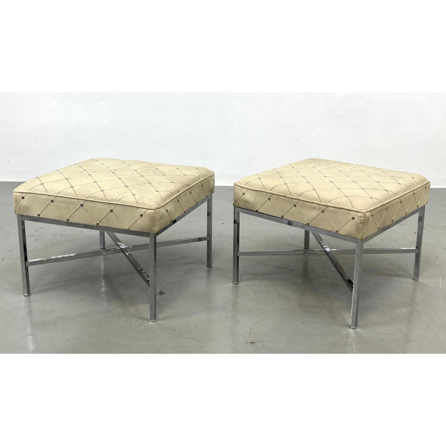 Appraisal: Pr Chrome Square Tube Frame Benches Stools Upholstered Cushions Dimensions