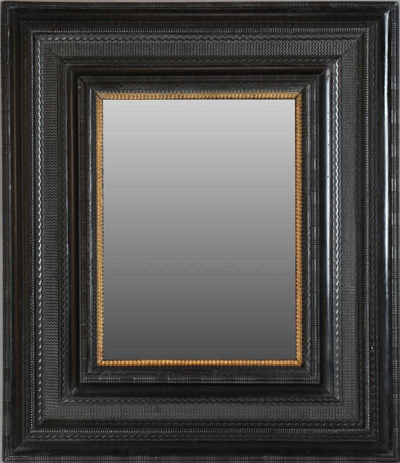 Appraisal: DUTCH BAROQUE STYLE BLACK LACQUER MIRROR The rectangular plate within