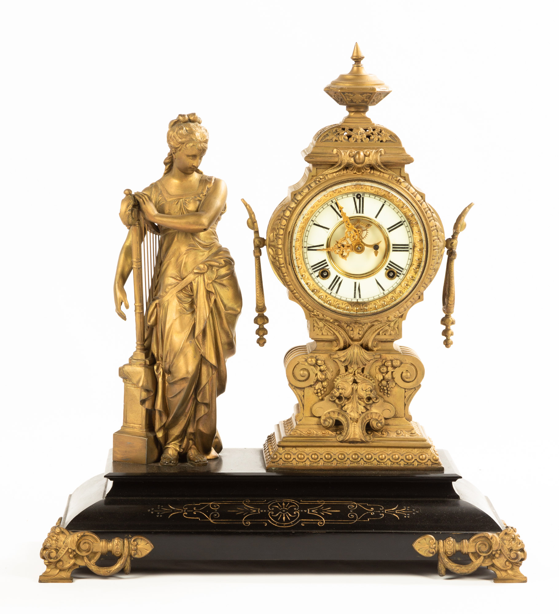 Appraisal: ANSONIA CLOCK CO FIGURAL CLOCK th century Patinaed metal on