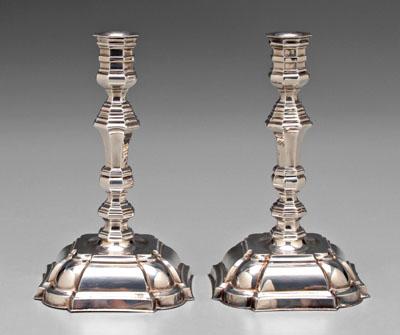 Appraisal: Pair silver-plated candlesticks paneled stepped columns and bases unmarked no