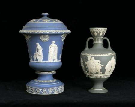 Appraisal: Wedgwood Blue Jasperware Covered Urn Impressed Wedgwood and with date