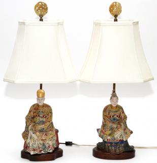 Appraisal: CHINESE POLYCHROME FIGURES MOUNTED AS LAMPS PAIR CHINESE POLYCHROME FIGURES