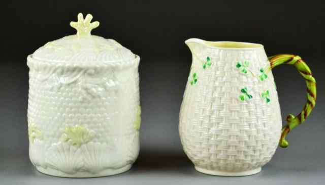 Appraisal: Pieces Belleek PorcelainTo include a quilted pitcher with painted clover