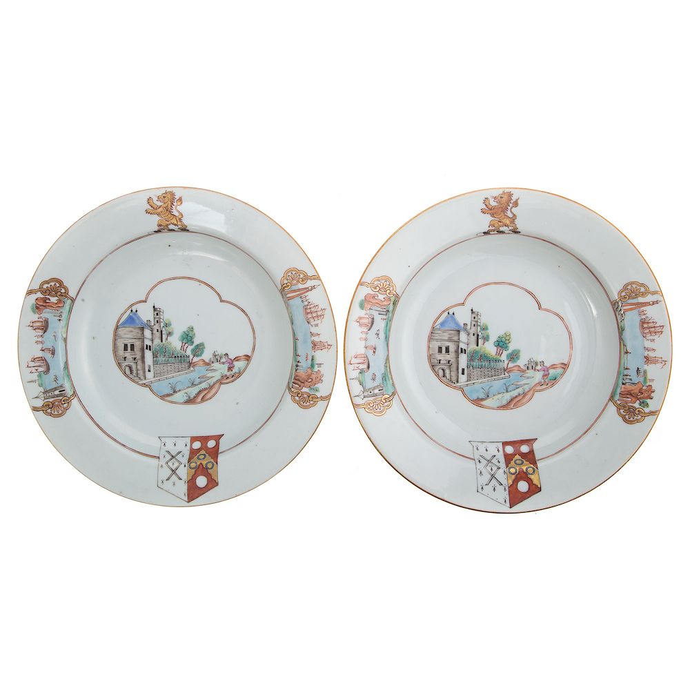 Appraisal: Pair Chinese Export Porcelain Armorial Plates circa central scene of