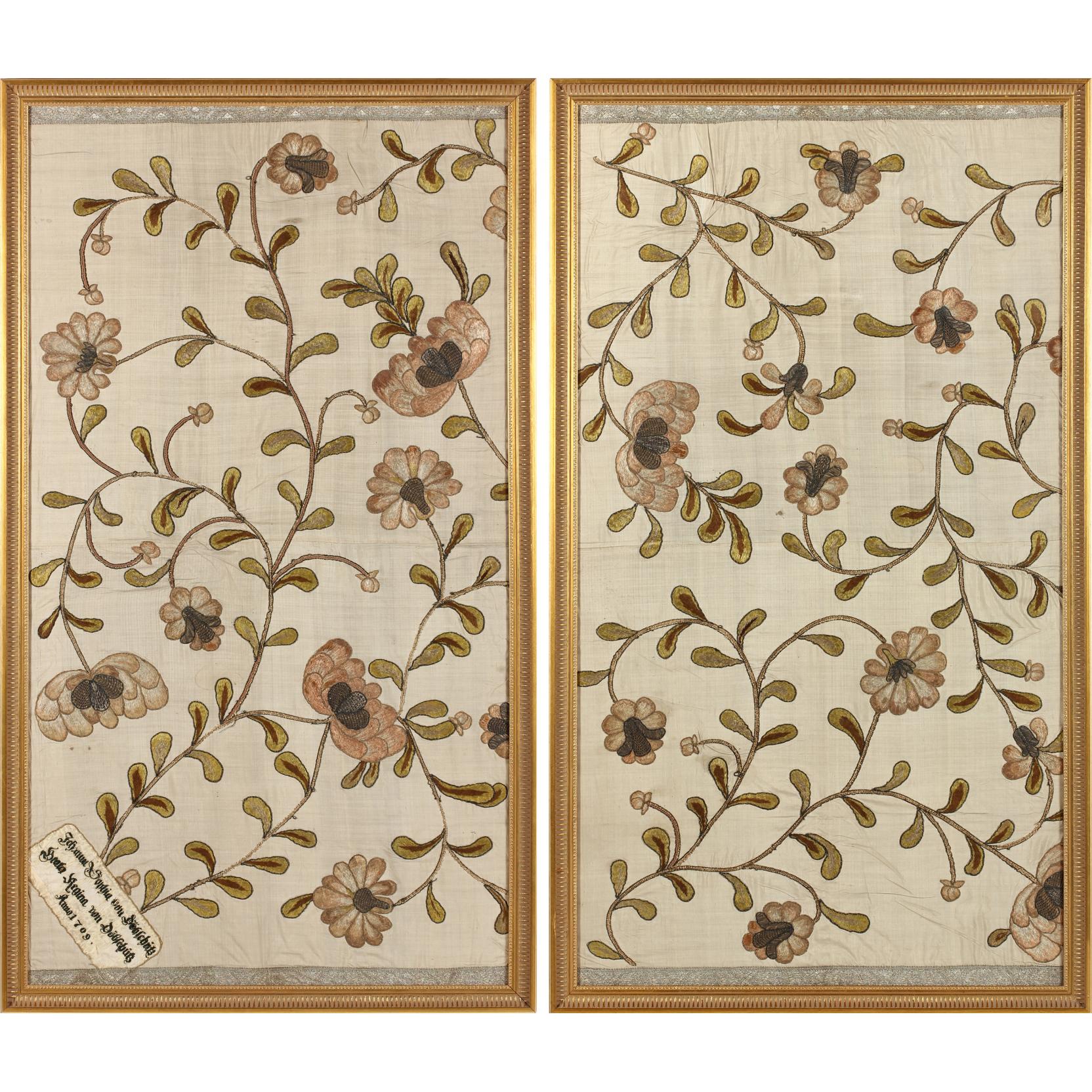 Appraisal: Pair of Large Silk Panels Framed Under Glass th century