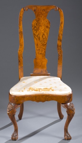 Appraisal: Queen Anne Style Marquetry Side Chair Scrolled crest with motif