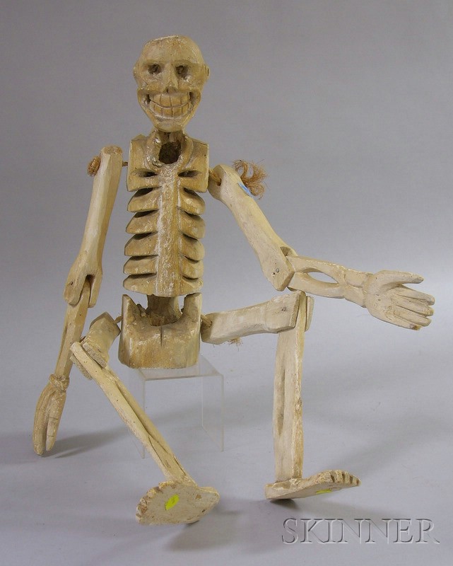 Appraisal: Folk Carved and White-painted Articulated Wood Skeleton lg in