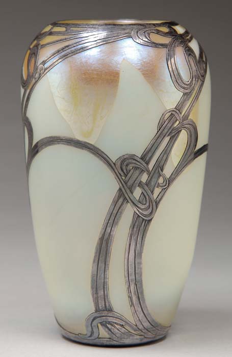 Appraisal: SILVER OVERLAY VASE Outstanding art glass vase has gold iridescent