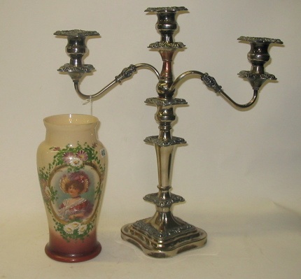 Appraisal: ENGLISH THREE-LIGHT SILVER ON COPPER CANDELABRUM AND A BRISTOL GLASS