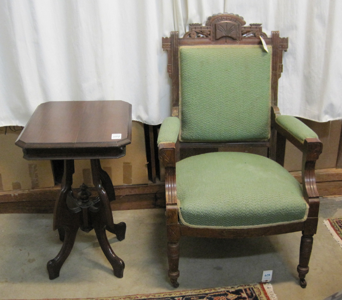 Appraisal: A VICTORIAN WALNUT ARMCHAIR AND LAMP TABLE American last quarter