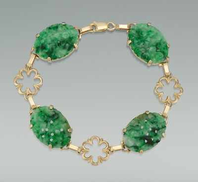 Appraisal: A Lades' Carved Jade and Gold Bracelet k yellow gold