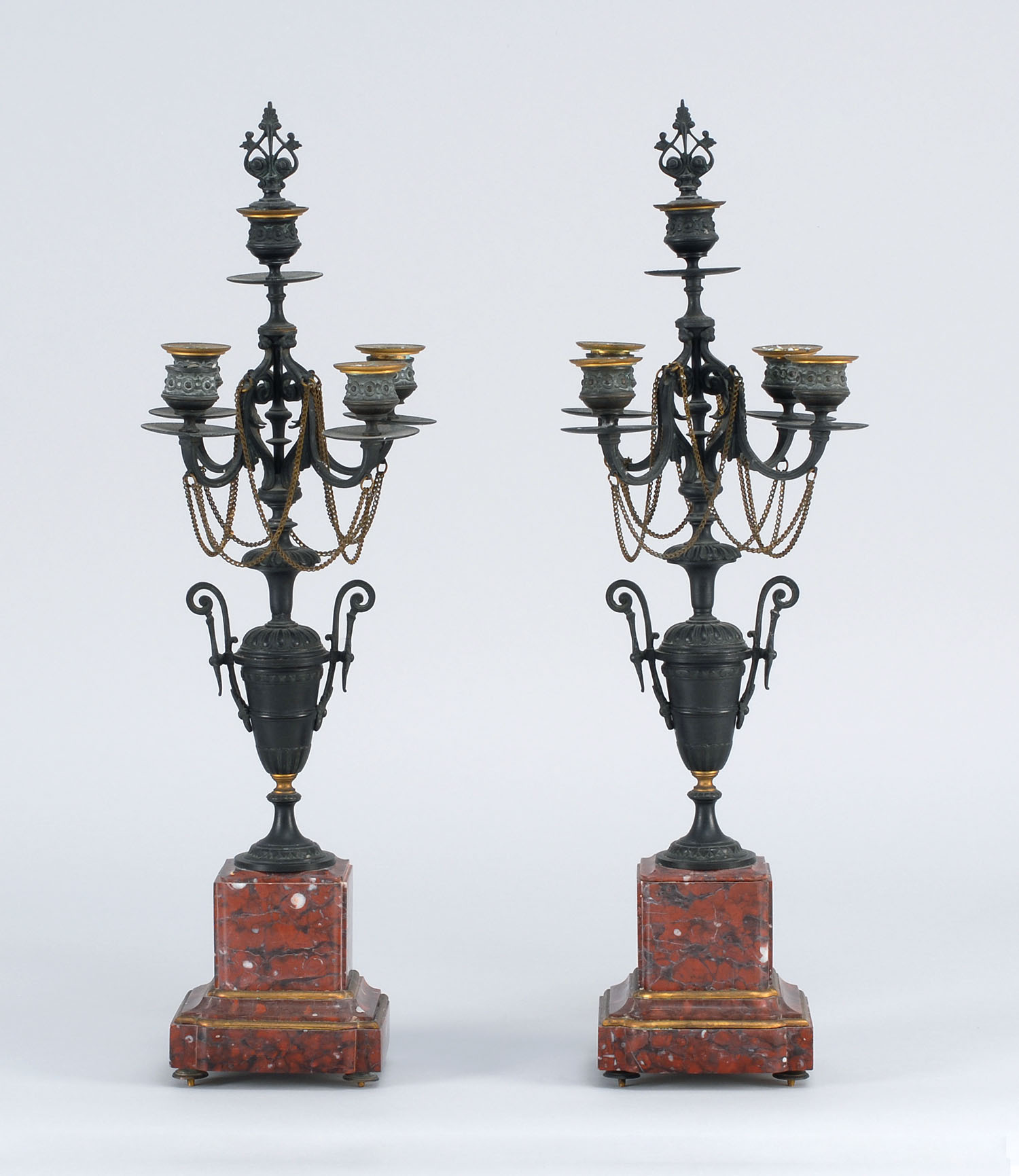 Appraisal: PAIR OF MID- TH CENTURY BRONZE MANTEL GARNITURES with central