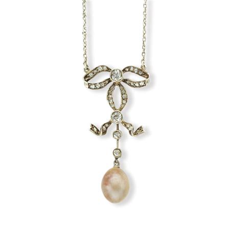 Appraisal: Antique Light Yellowish-Brown Natural Pearl and Diamond Lavaliere Estimate -