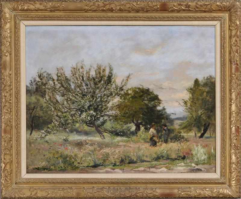 Appraisal: HIPPOLYTE CAMILLE DELPY FLOWER GATHERERS IN A LANDSCAPE Oil on