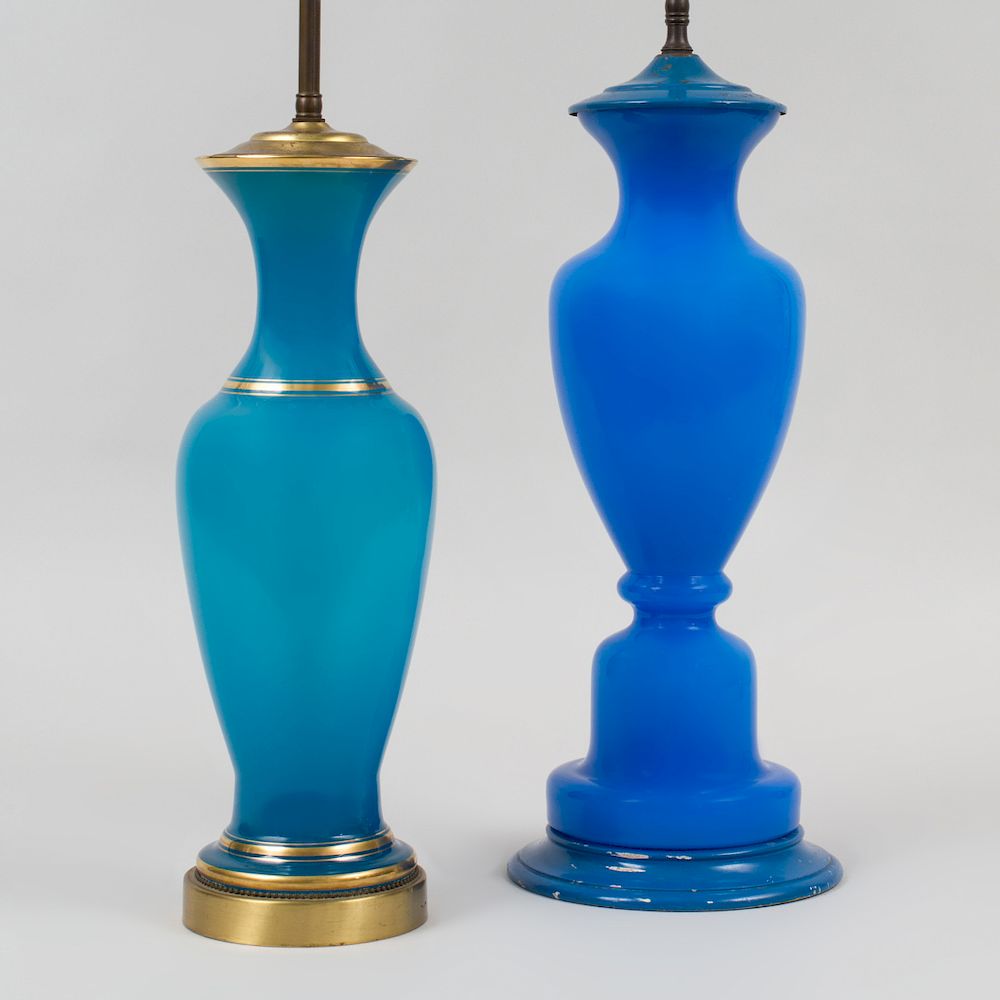 Appraisal: Two of French Gilt-Decorated Blue Opaline Glass Vases Mounted as