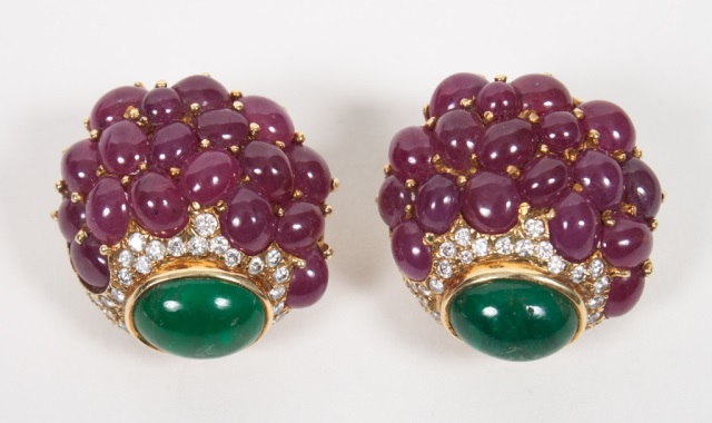 Appraisal: Pair of ruby emerald and diamond earrings mm diam unmarked