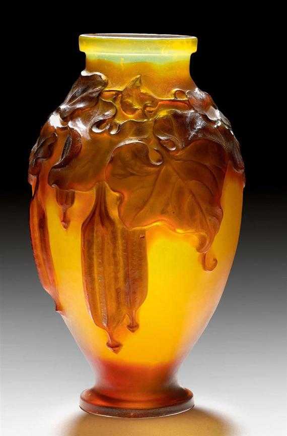 Appraisal: GALL MILE VASE circa Acid-etched yellow blown glass with orange