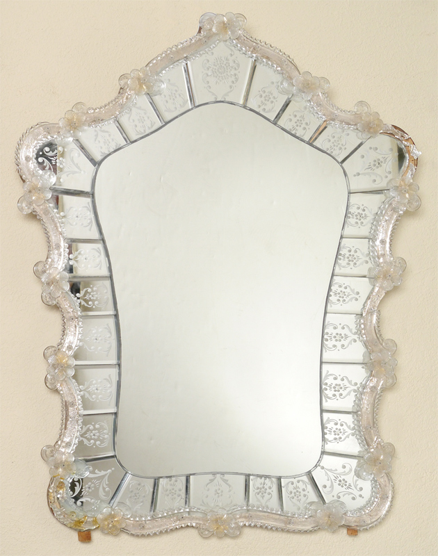 Appraisal: VENETIAN WALL MIRROR Applied shaped glass trim with rosettes decoration