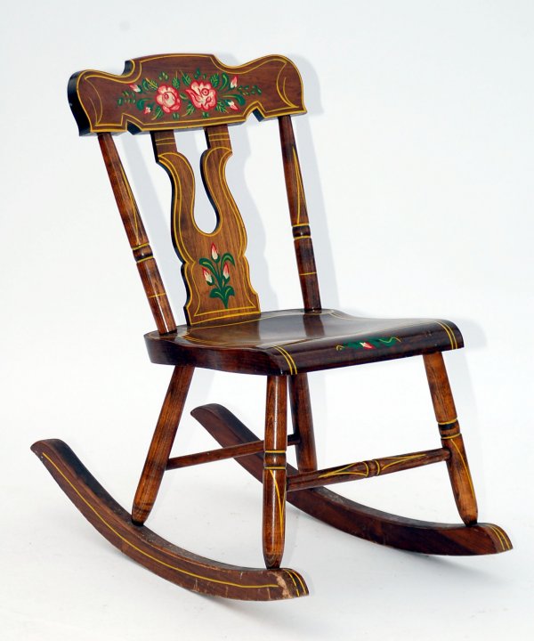 Appraisal: Cherry rocker with painted decoration stamped Made by L B