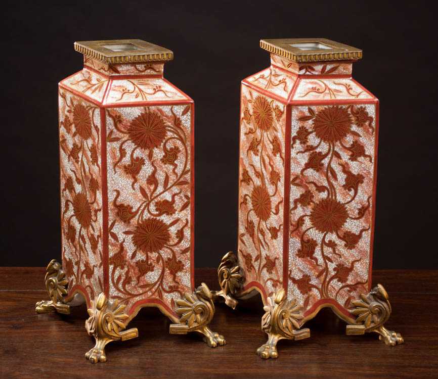 Appraisal: PAIR OF PORCELAIN VASES with gilt ormolu mounts The vases