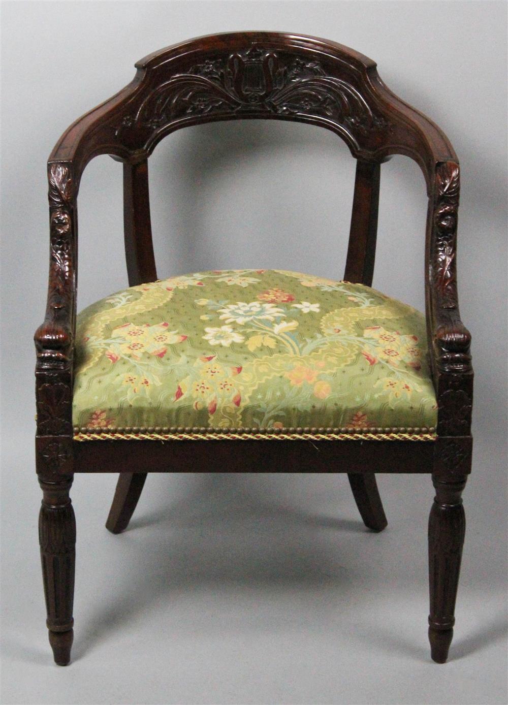 Appraisal: CLASSICAL STYLE CARVED MAHOGANY ROUND BACK ARM CHAIR TH CENTURY