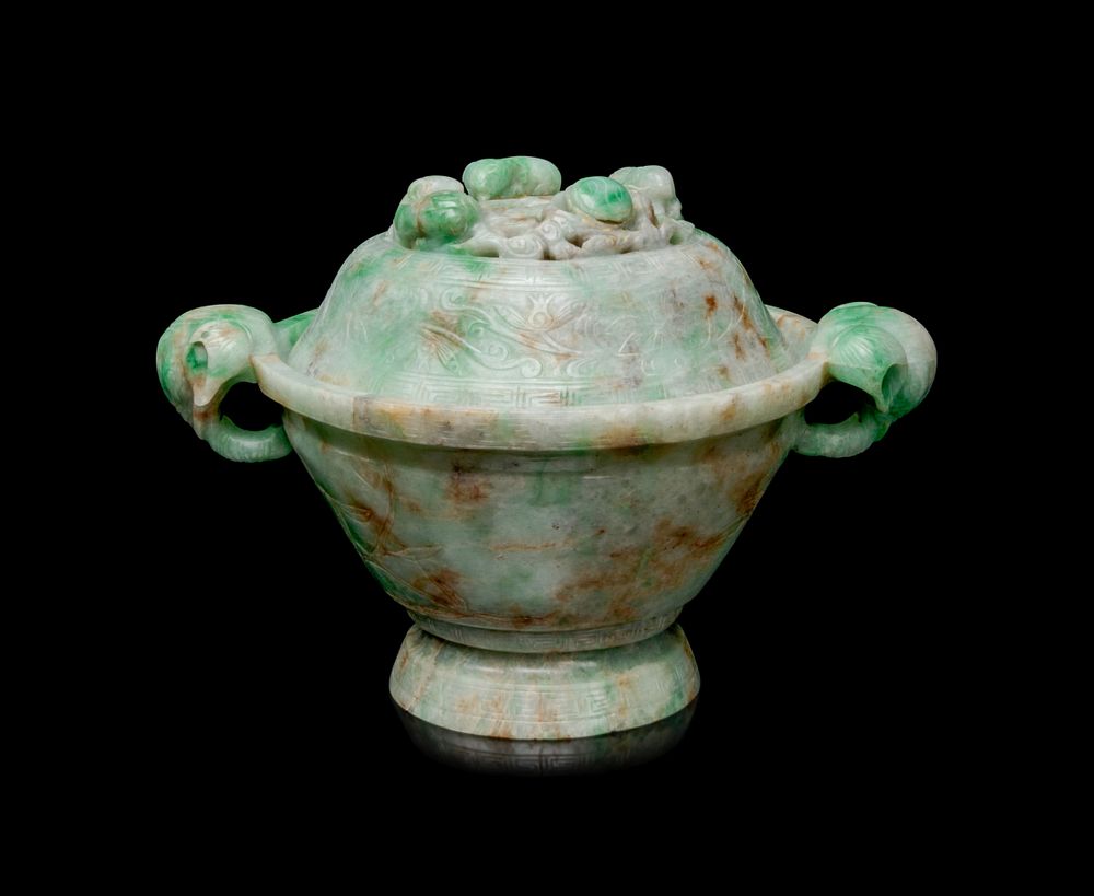 Appraisal: An Apple Green and Pale Celadon Jadeite Covered Bowl Height